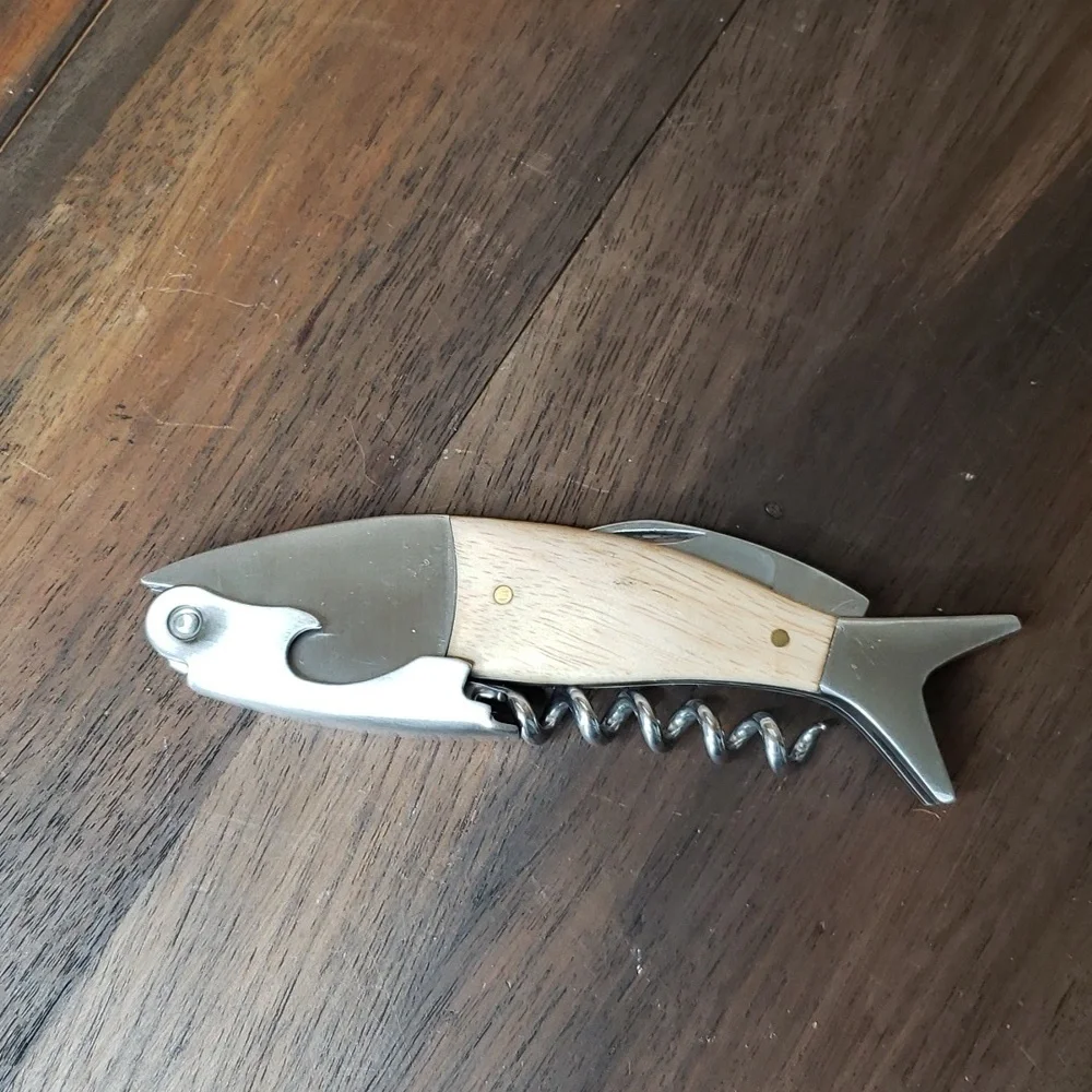 Kikkerland Lightwood Fish Corkscrew Utility Knife